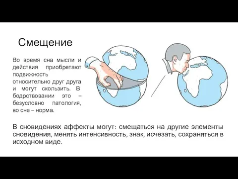 Смещение В сновидениях аффекты могут: смещаться на другие элементы сновидения, менять интенсивность,