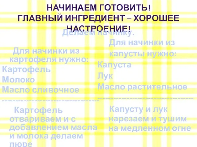 НАЧИНАЕМ ГОТОВИТЬ! ГЛАВНЫЙ ИНГРЕДИЕНТ – ХОРОШЕЕ НАСТРОЕНИЕ! Для начинки из картофеля нужно: