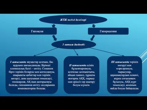 ЖТЖ негізгі белгілері Гипоксия Гиперкапния 3 сатыға бөлінеді: I сатысында науқастар қозғыш,