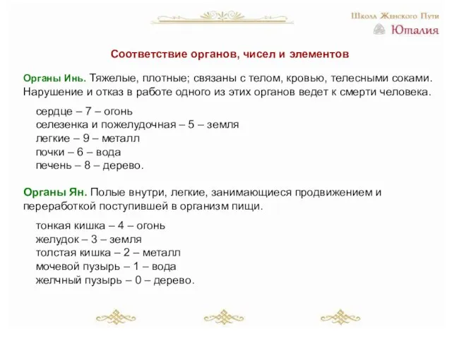 Соответствие органов, чисел и элементов Органы Инь. Тяжелые, плотные; связаны с телом,