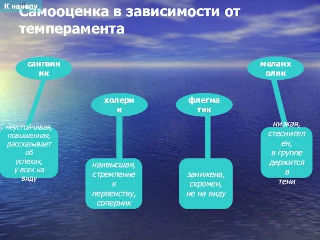 Самооценка в зависимости от темперамента неустойчивая, повышенная, рассказывает об успехах, у всех