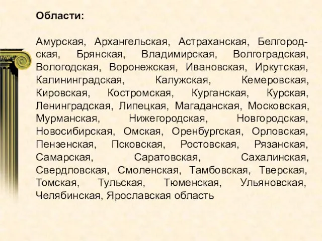 Области: Амурская, Архангельская, Астраханская, Белгород-ская, Брянская, Владимирская, Волгоградская, Вологодская, Воронежская, Ивановская, Иркутская,