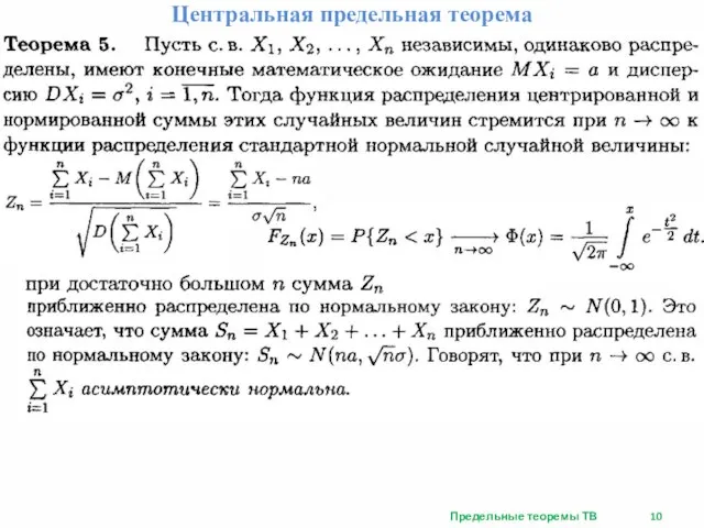 Предельные теоремы ТВ Центральная предельная теорема