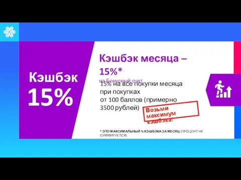 Кэшбэк 15% Кэшбэк месяца – 15%* на Бонусный счет 15% на все