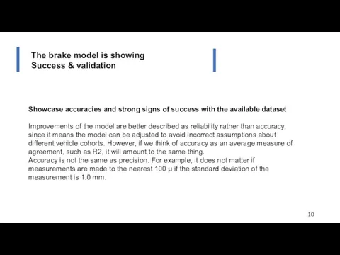 The brake model is showing Success & validation Showcase accuracies and strong