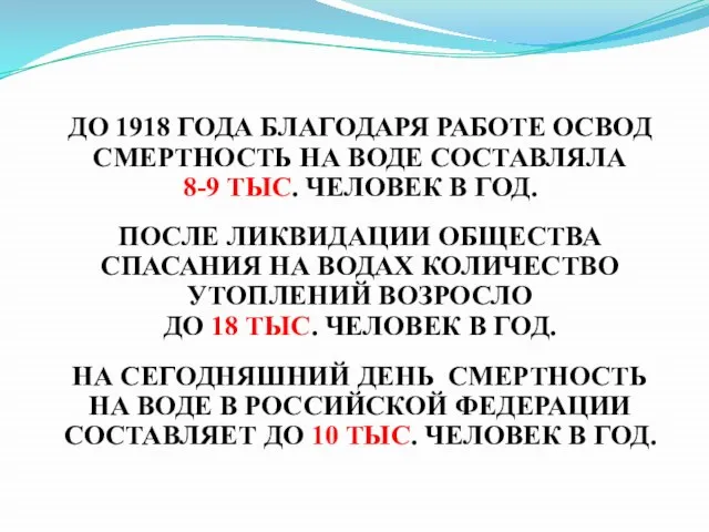 ДО 1918 ГОДА БЛАГОДАРЯ РАБОТЕ ОСВОД СМЕРТНОСТЬ НА ВОДЕ СОСТАВЛЯЛА 8-9 ТЫС.