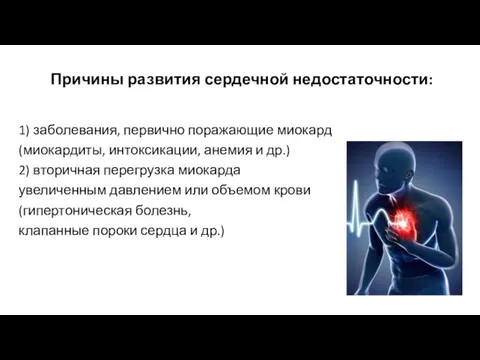 Причины развития сердечной недостаточности: 1) заболевания, первично поражающие миокард (миокардиты, интоксикации, анемия