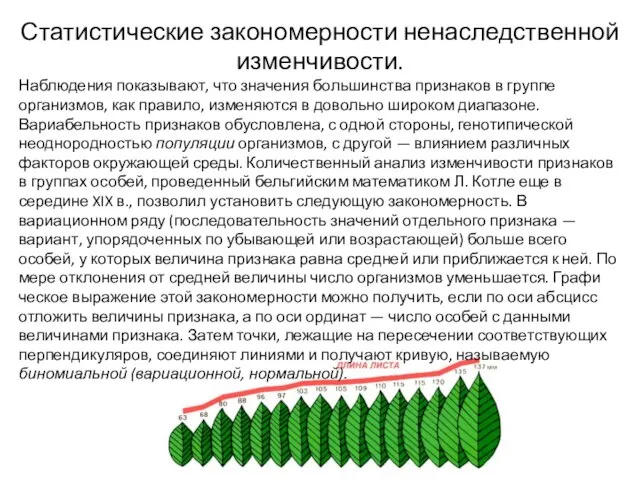 Статистические закономерности ненаследственной изменчивости. Наблюдения показывают, что значения большинства призна­ков в группе