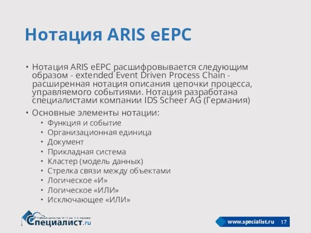 Нотация ARIS eEPC Нотация ARIS eEPC расшифровывается следующим образом - extended Event