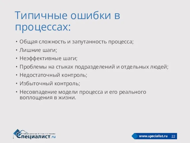 Типичные ошибки в процессах: Общая сложность и запутанность процесса; Лишние шаги; Неэффективные