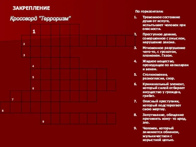 ЗАКРЕПЛЕНИЕ По горизонтали: Тревожное состояние души от испуга, испытывает человек при опасности.