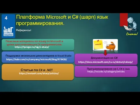 https://vscode.ru/category/articles Референсы! Статьи! 4 https://tproger.ru/tag/c-sharp/ Полезные материалы по языку от Microsoft и