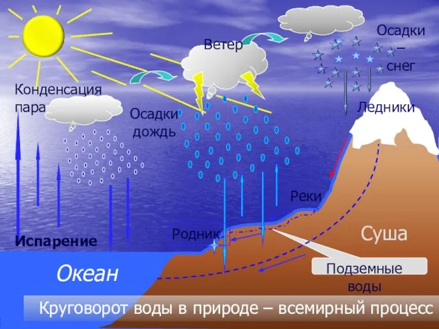 Испарение Конденсация пара Осадкидождь Осадки – снег Ветер Круговорот воды в природе