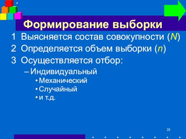 Формирование выборки 1 Выясняется состав совокупности (N) 2 Определяется объем выборки (n)