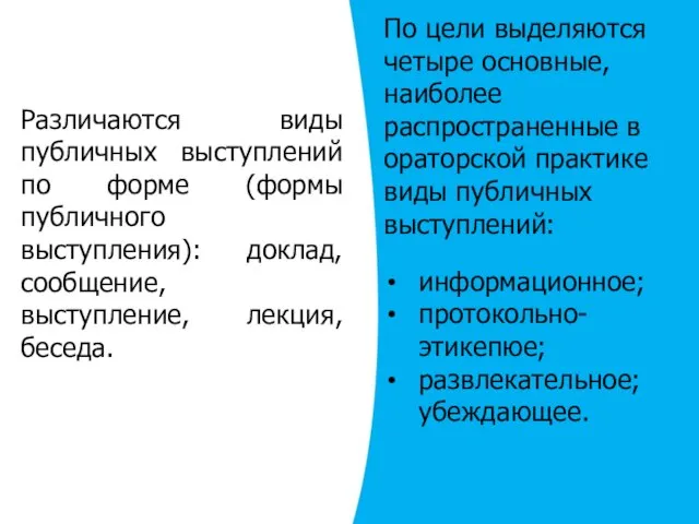 Различаются виды публичных выступлений по форме (формы публичного выступления): доклад, сообщение, выступление,