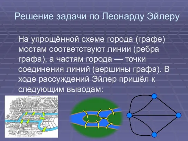 Решение задачи по Леонарду Эйлеру На упрощённой схеме города (графе) мостам соответствуют