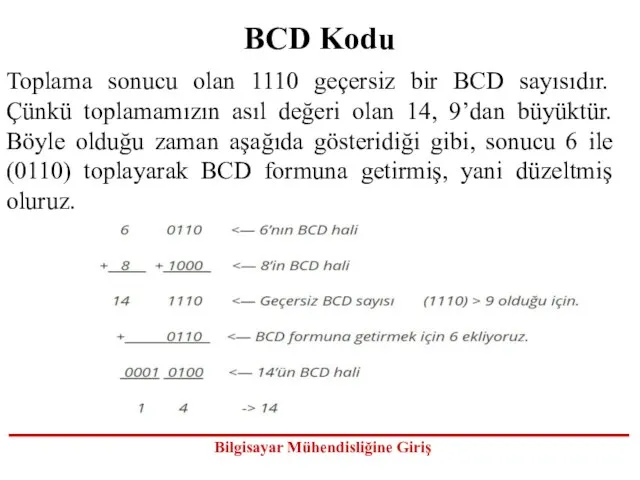 BCD Kodu Toplama sonucu olan 1110 geçersiz bir BCD sayısıdır. Çünkü toplamamızın