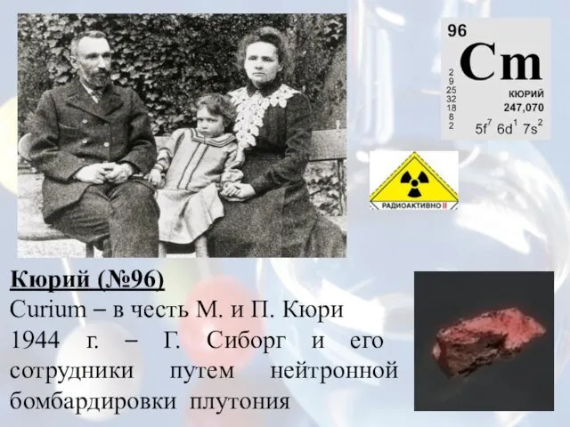 Кюрий (№96) Curium – в честь М. и П. Кюри 1944 г.