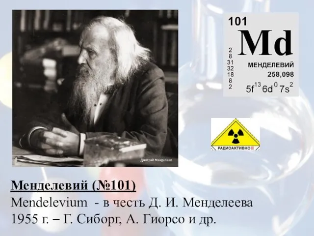 Менделевий (№101) Mendelevium - в честь Д. И. Менделеева 1955 г. –