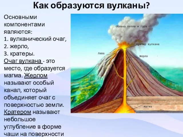 Как образуются вулканы? Основными компонентами являются: 1. вулканический очаг, 2. жерло, 3.