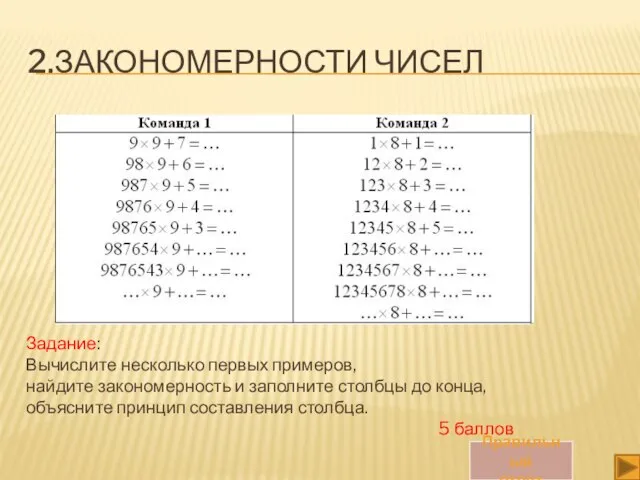 2.ЗАКОНОМЕРНОСТИ ЧИСЕЛ Задание: Вычислите несколько первых примеров, найдите закономерность и заполните столбцы