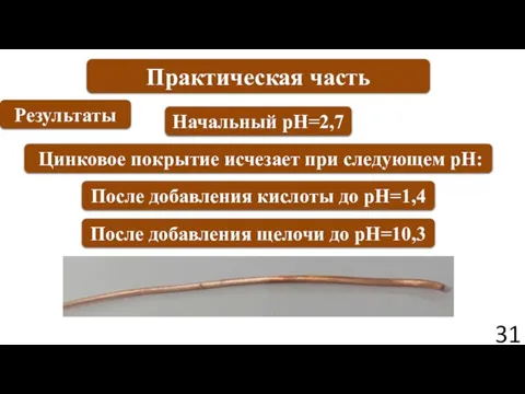 Практическая часть Результаты Начальный pH=2,7 После добавления кислоты до pH=1,4 После добавления