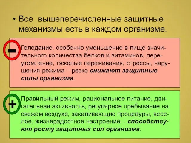 Все вышеперечисленные защитные механизмы есть в каждом организме. Голодание, особенно уменьшение в