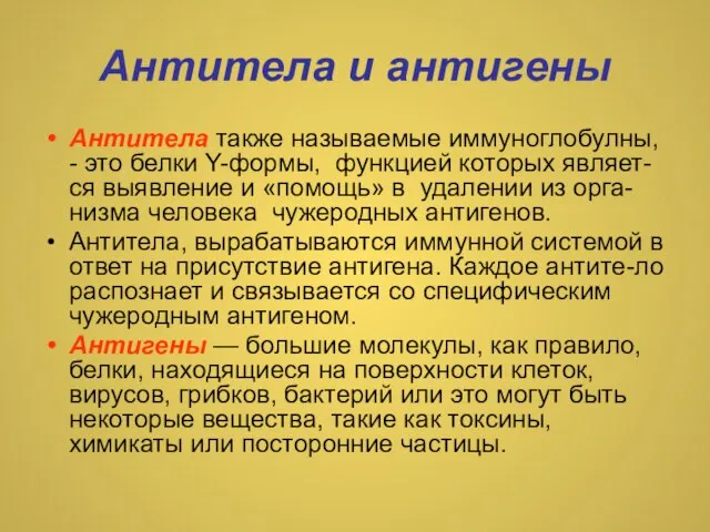 Антитела и антигены Антитела также называемые иммуноглобулны, - это белки Y-формы, функцией