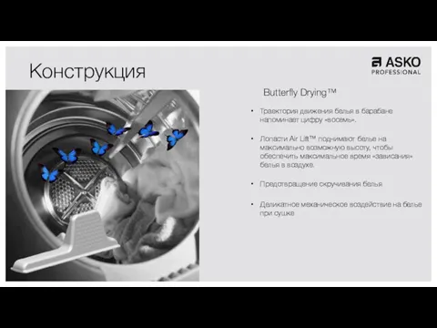 Конструкция Butterfly Drying™ Траектория движения белья в барабане напоминает цифру «восемь». Лопасти