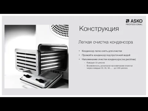 Конструкция Легкая очистка конденсора Конденсор легко снять для очистки Промойте конденсор под