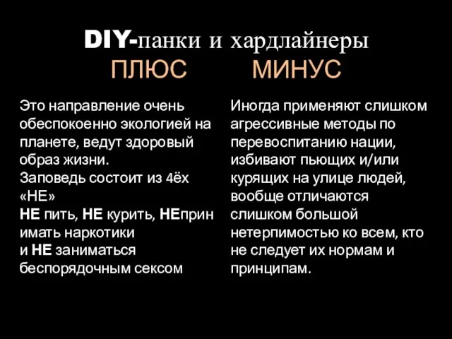 DIY-панки и хардлайнеры ПЛЮС МИНУС Это направление очень обеспокоенно экологией на планете,