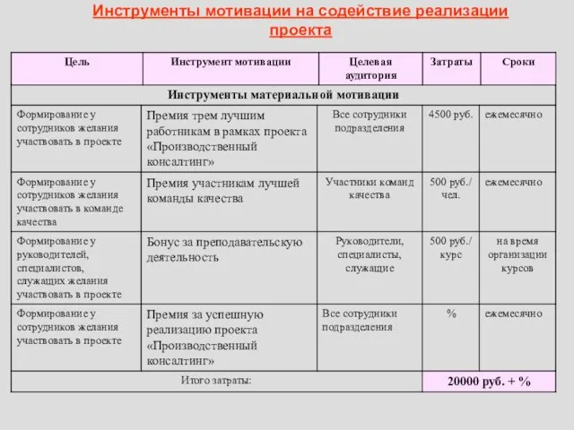 Инструменты мотивации на содействие реализации проекта