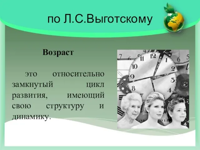 по Л.С.Выготскому Возраст это относительно замкнутый цикл развития, имеющий свою структуру и динамику.