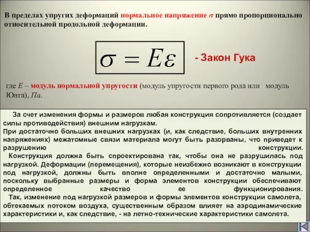 В пределах упругих деформаций нормальное напряжение σ прямо пропорционально относительной продольной деформации.