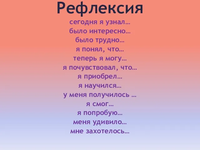 Рефлексия сегодня я узнал… было интересно… было трудно… я понял, что… теперь