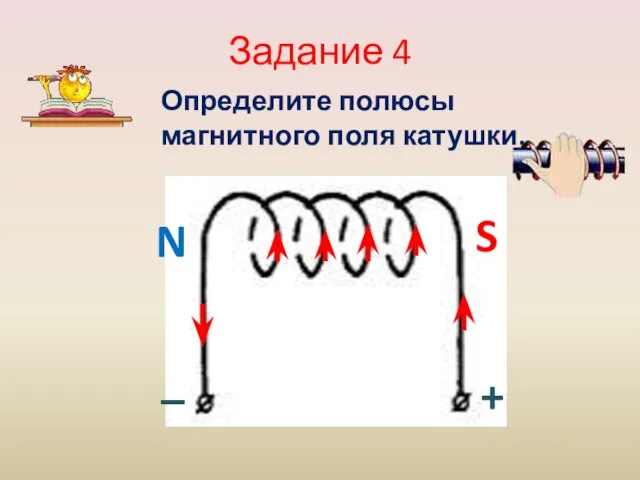 S N + _ Определите полюсы магнитного поля катушки. Задание 4