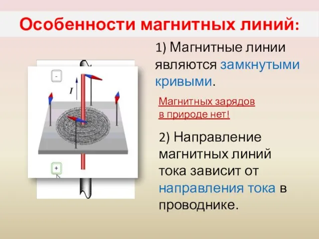 Особенности магнитных линий: 1) Магнитные линии являются замкнутыми кривыми. 2) Направление магнитных