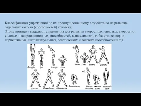 Классификация упражнений по их преимущественному воздействию на развитие отдельных качеств (способностей) человека.