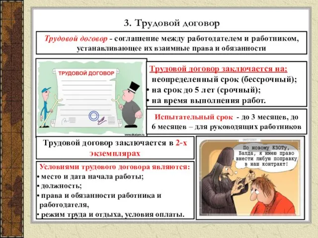 3. Трудовой договор Трудовой договор - соглашение между работодателем и работником, устанавливающее