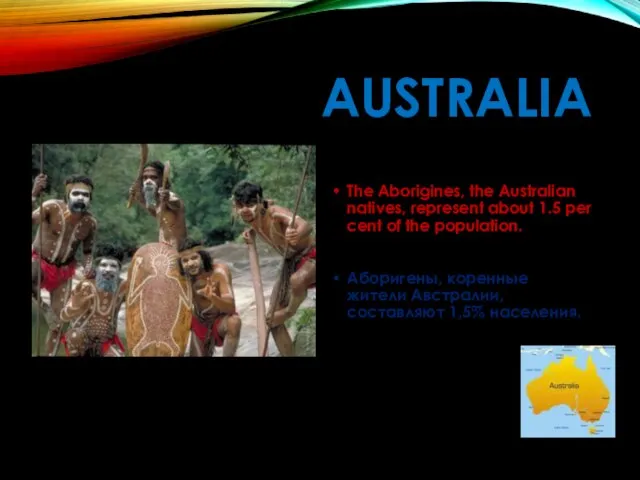 AUSTRALIA The Aborigines, the Australian natives, represent about 1.5 per cent of