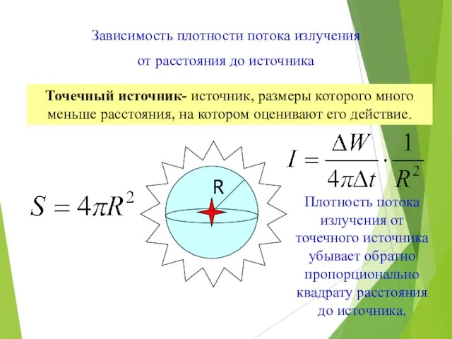 Плотность потока излучения от точечного источника убывает обратно пропорционально квадрату расстояния до