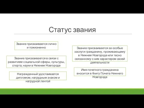 Статус звания Звание присваивается лично и пожизненно Звание присваивается за особые заслуги