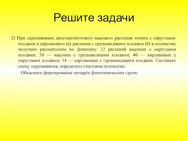 Решите задачи 2) При скрещивании дигетерозиготного высокого растения томата с округлыми плодами