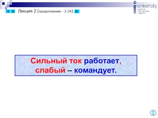 Лекция 2 (продолжение – 2.24) 24 Сильный ток работает, слабый – командует.