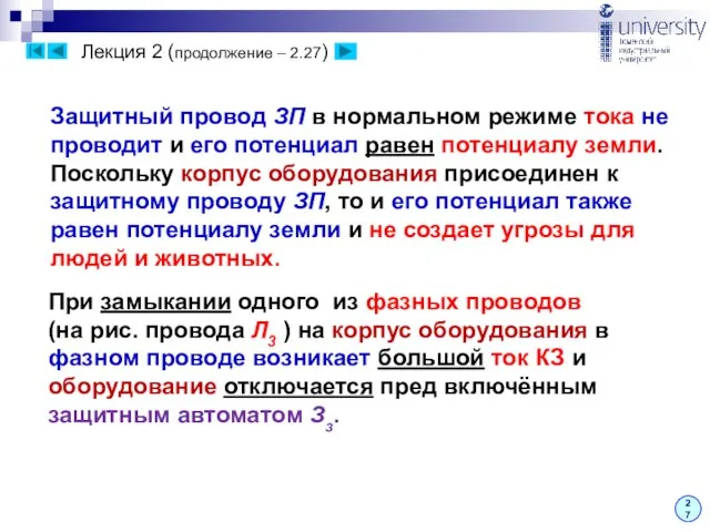 Лекция 2 (продолжение – 2.27) Защитный провод ЗП в нормальном режиме тока