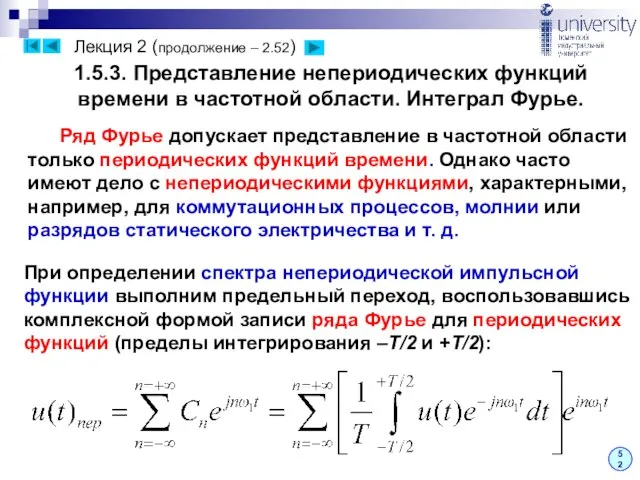 Лекция 2 (продолжение – 2.52) 52 1.5.3. Представление непериодических функций времени в