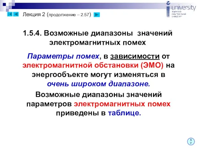 Лекция 2 (продолжение – 2.57) 57 1.5.4. Возможные диапазоны значений электромагнитных помех