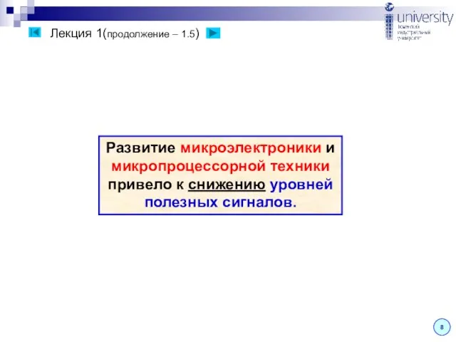 Лекция 1(продолжение – 1.5) 8 Развитие микроэлектроники и микропроцессорной техники привело к снижению уровней полезных сигналов.