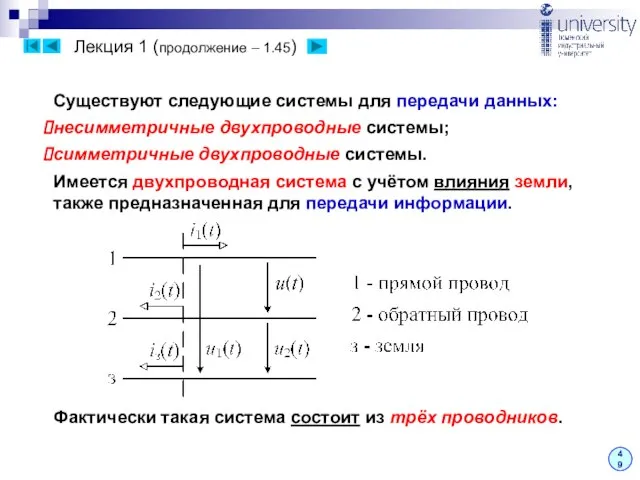 Лекция 1 (продолжение – 1.45) 49 Имеется двухпроводная система с учётом влияния