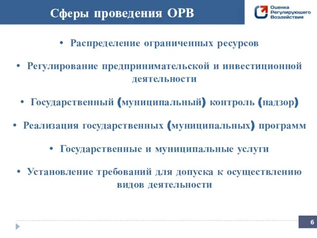 Сферы проведения ОРВ Распределение ограниченных ресурсов Регулирование предпринимательской и инвестиционной деятельности Государственный